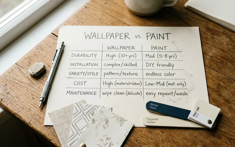 Comparison chart of wallpaper vs paint across five decision dimensions
