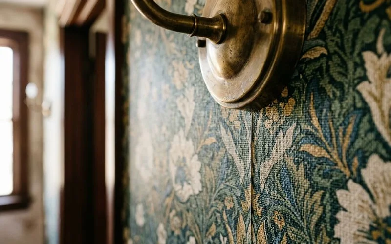 Detail of wallpaper meeting around a wall sconce with a clean cut and perfect pattern alignment