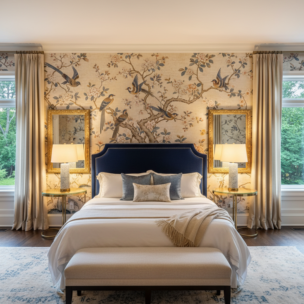 Bedroom chinoiserie silk wallpaper Toronto Forest Hill