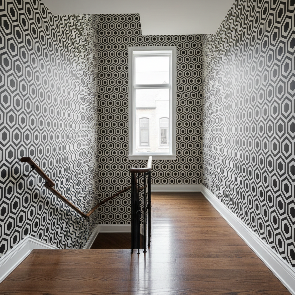 Stairwell geometric wallpaper installation Toronto