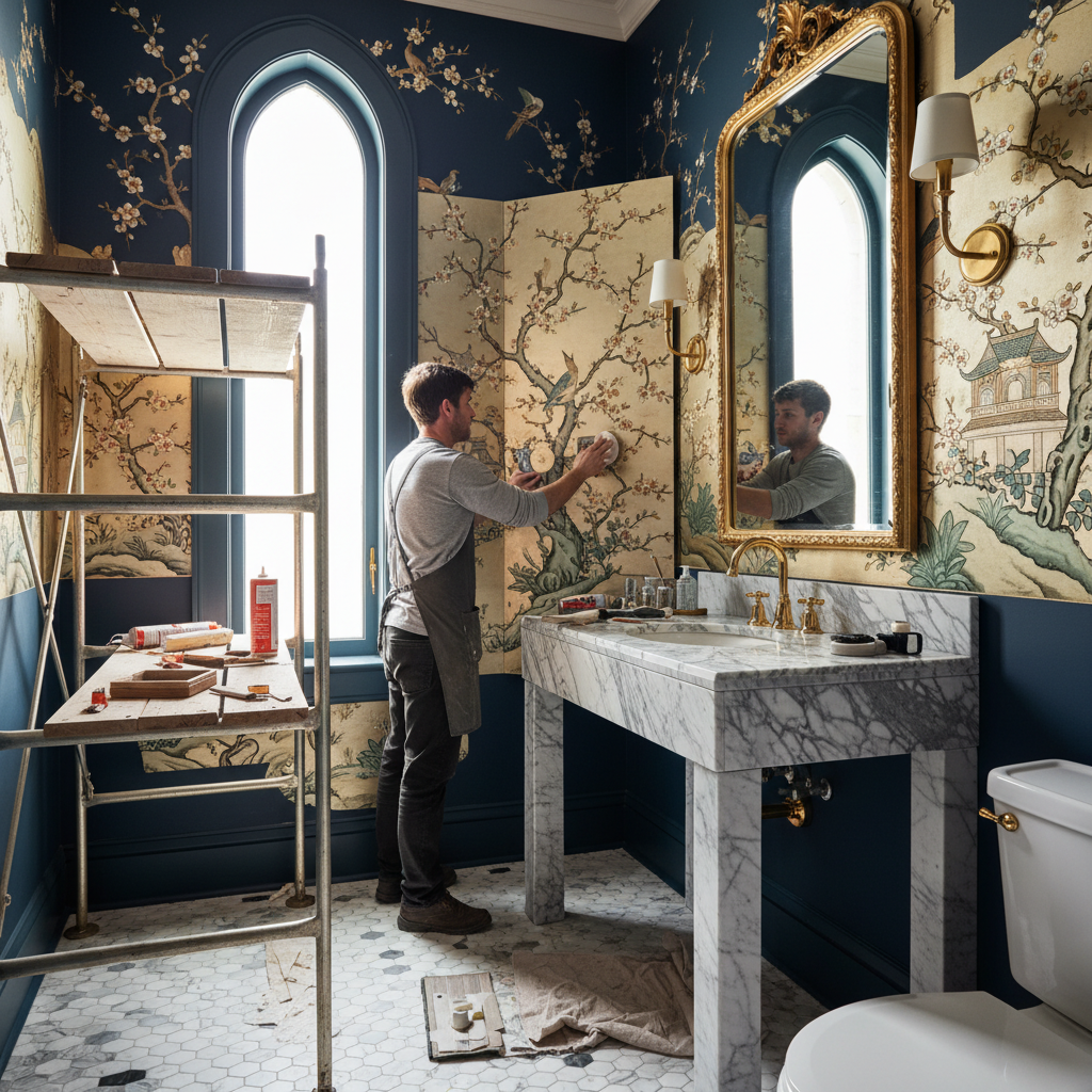 De Gournay hand-painted wallpaper being installed in a Forest Hill Toronto powder room
