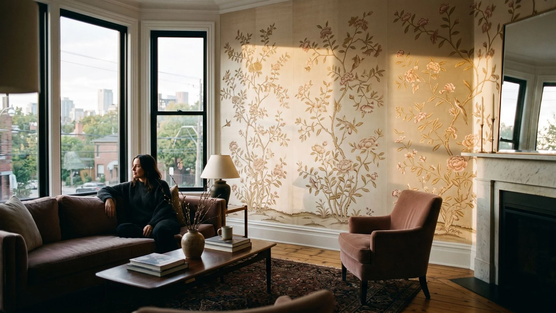 Hand-painted luxury silk wallpaper with intricate floral pattern in a Toronto luxury residential interior