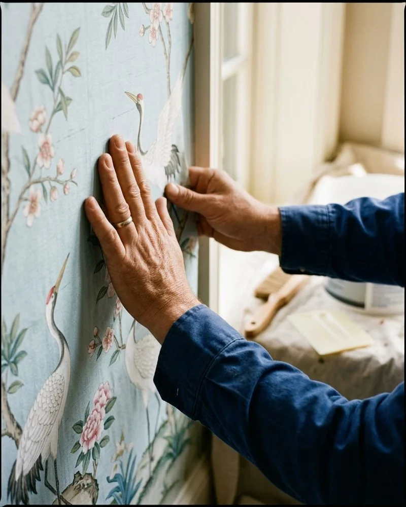 Master wallpaper installer's hands smoothing a delicate chinoiserie silk wallpaper onto a pristine wall