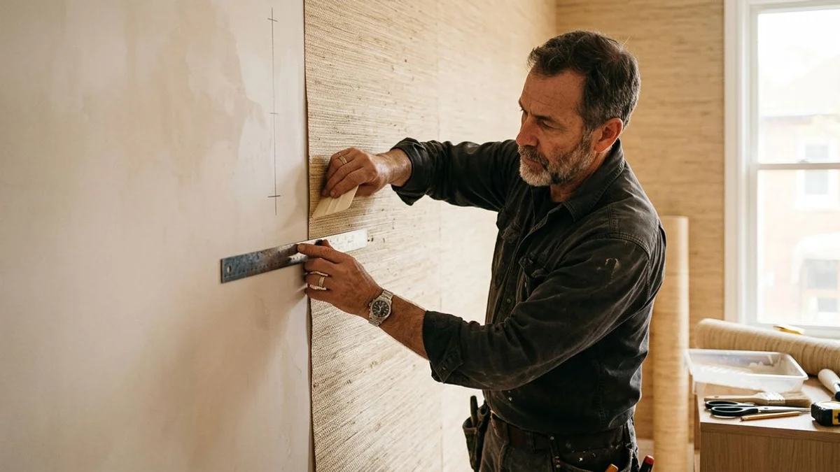 Toronto wallpaper installer aligning grasscloth seams with precision and visible plumb reference lines on the wall